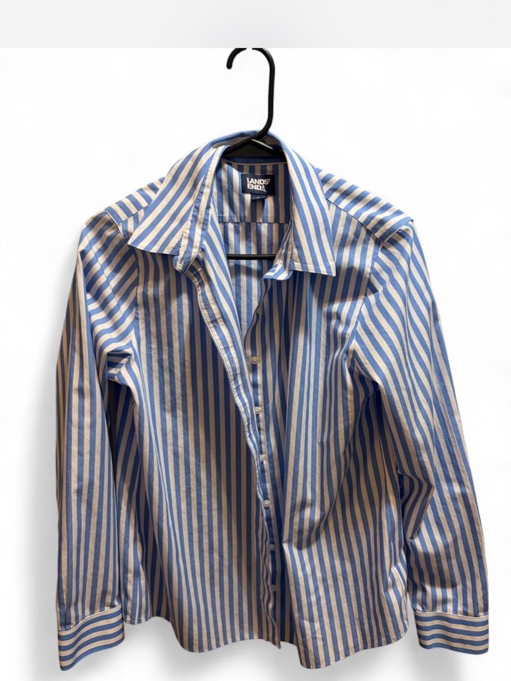 Lands' End women’s Blue and White Vertical Stripe Dress Shirt